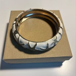 White Enamel Bangle Bracelet with Gold Starfish Accents